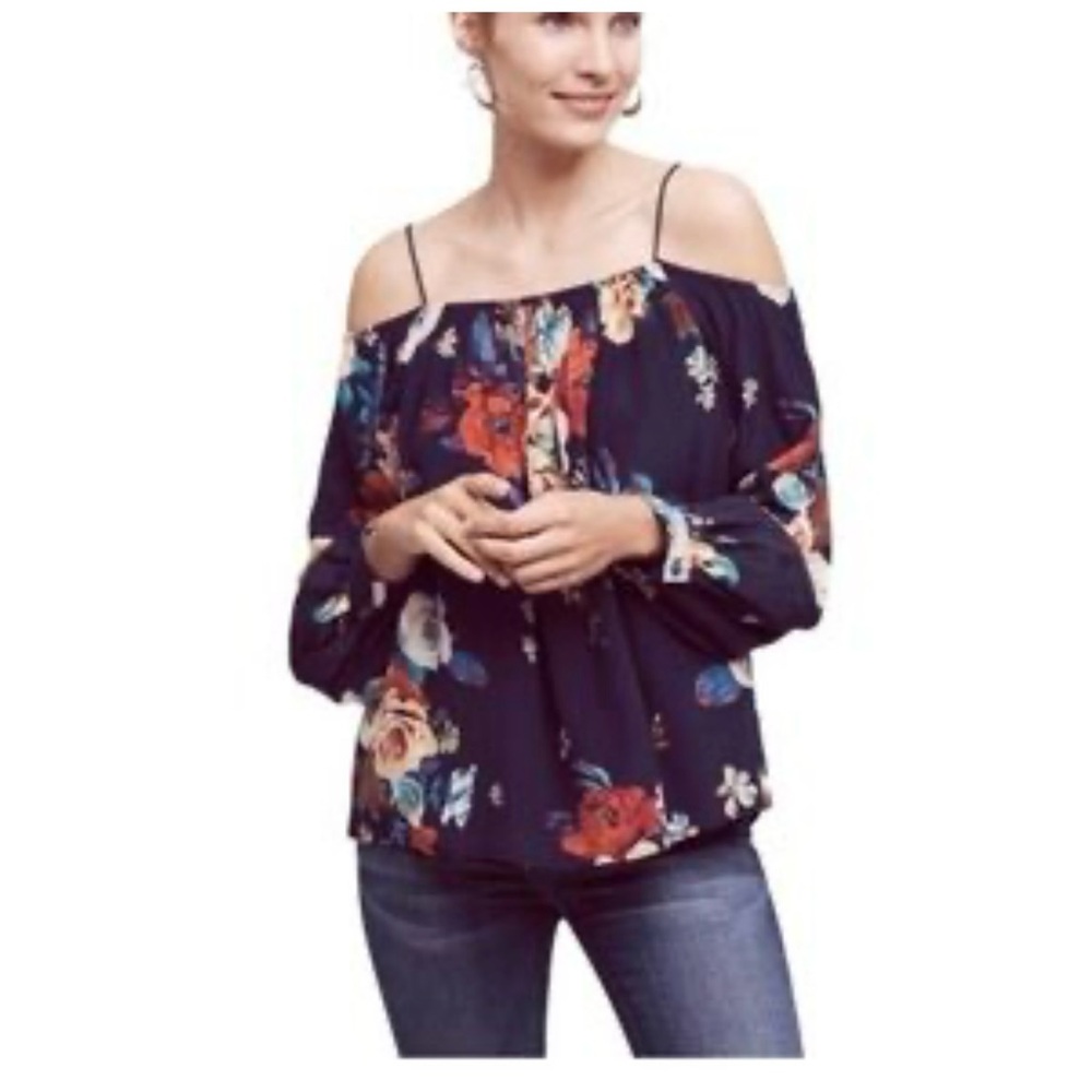 Anthropologie Navy Floral Off-Shoulder Blouse